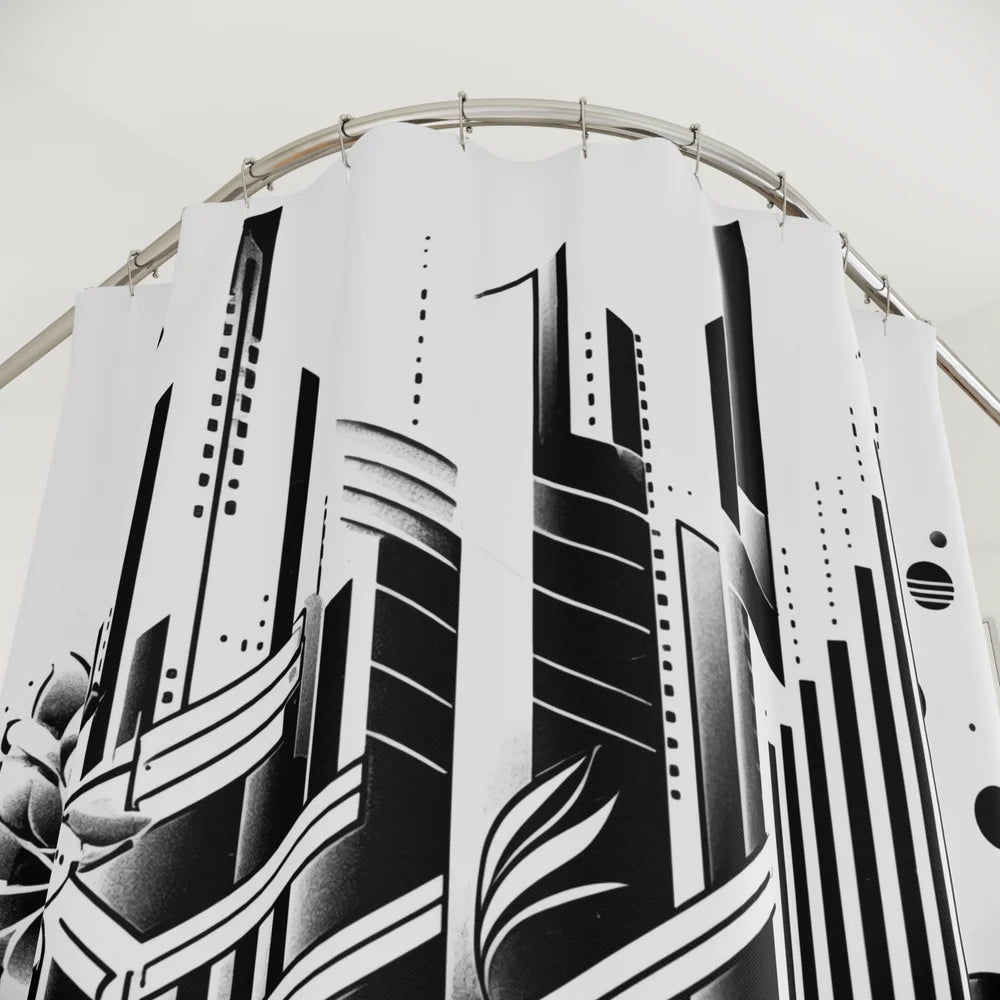 Orbital Haven Shower Curtain – A Futuristic Cityscape in Motion