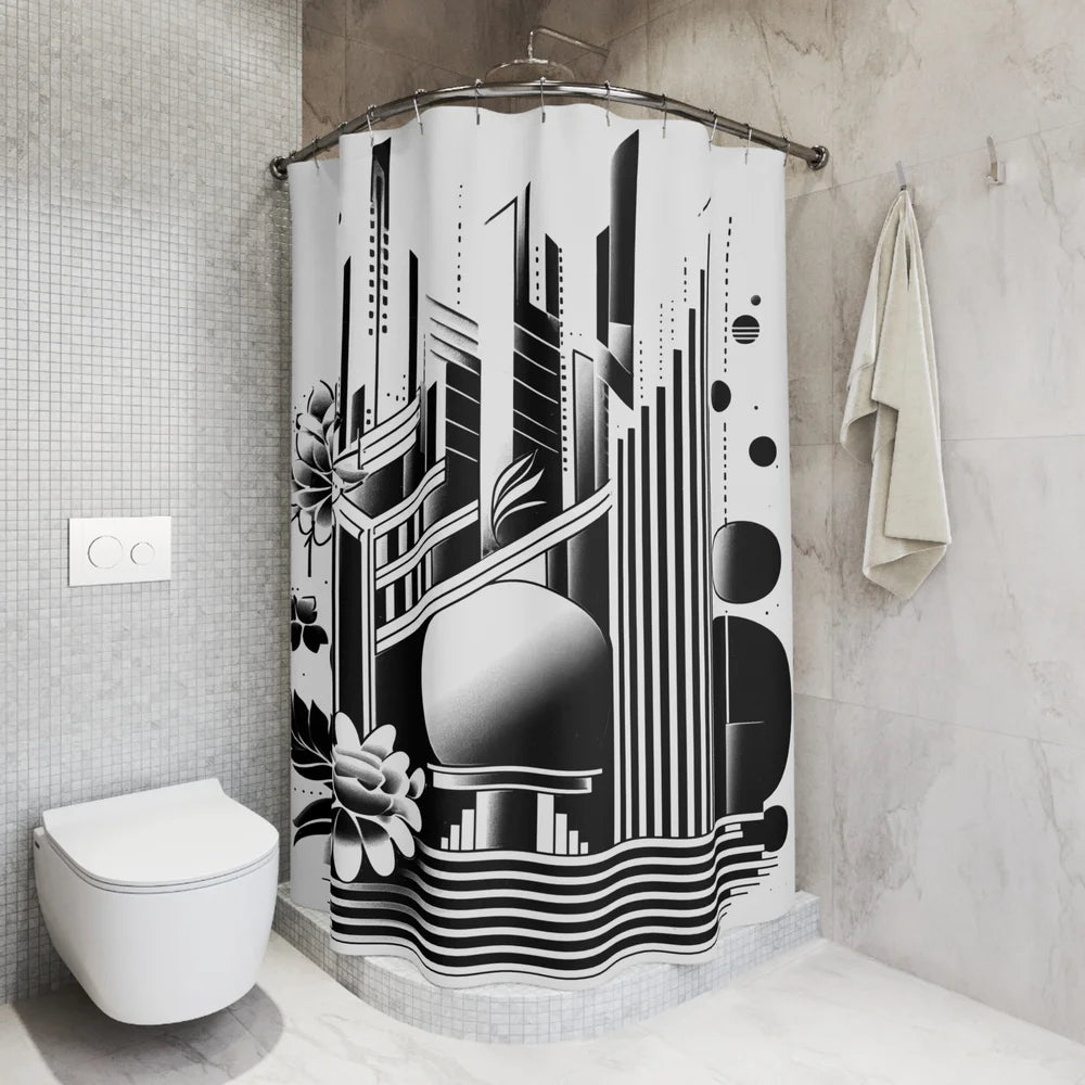 Orbital Haven Shower Curtain – A Futuristic Cityscape in Motion