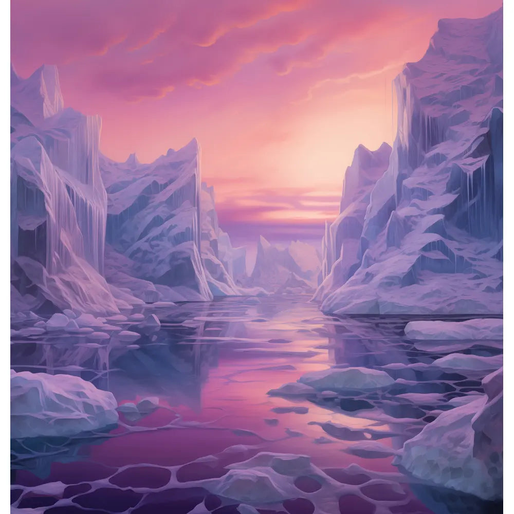 Arctic Twilight: A serene shower curtain design featuring towering ice formations bathed in soft pink and purple hues, reflected in the still, icy waters below, capturing the enchanting beauty of the Arctic at dusk.