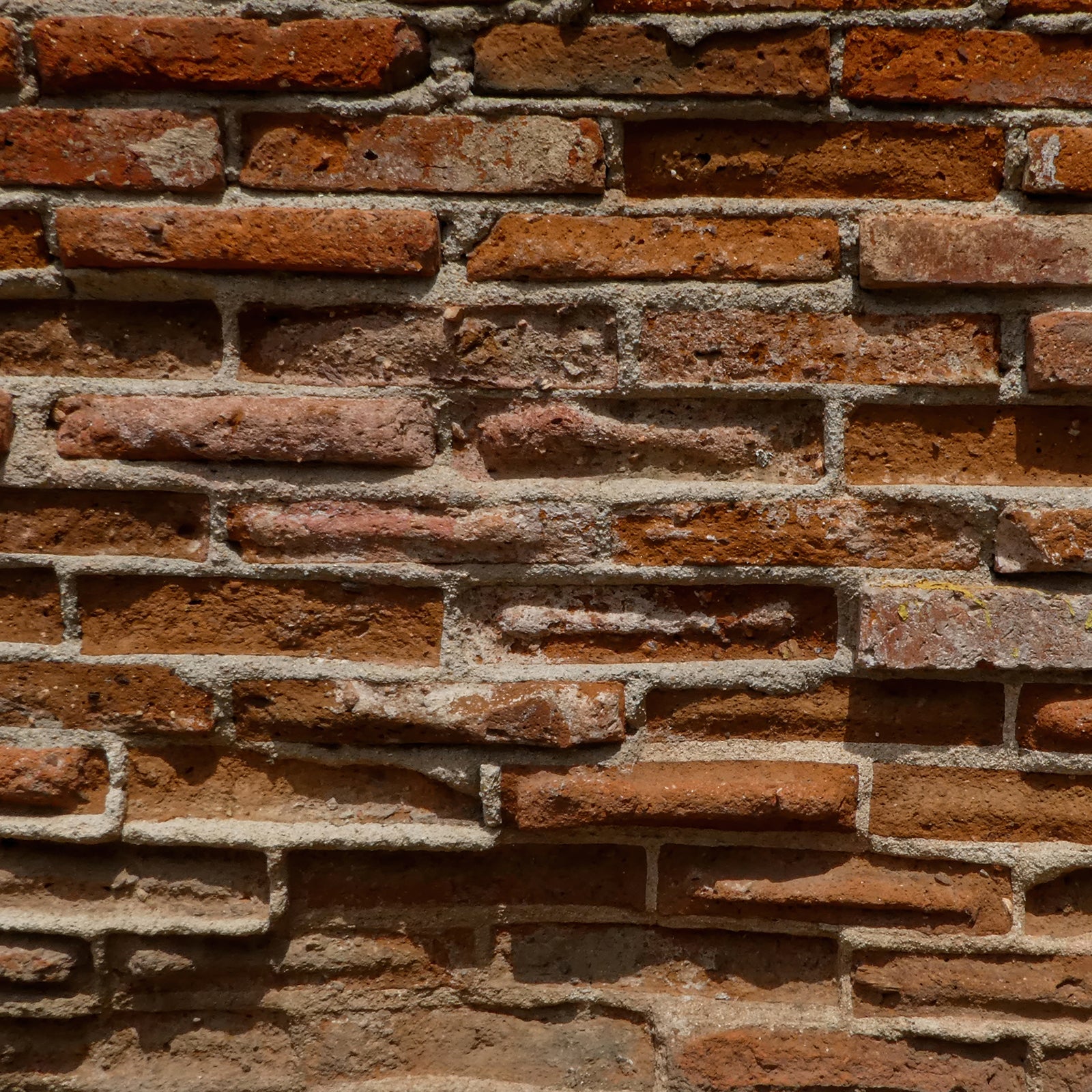 Close-up photograph of an aged brick wall with uneven masonry, weathered mortar and warm rust and clay tones.