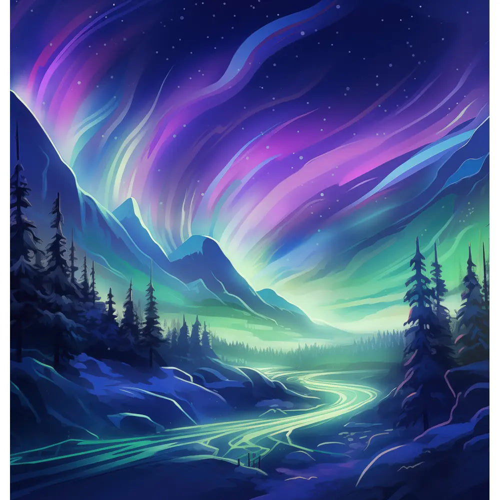 Aurora Bliss: A breathtaking shower curtain design featuring vibrant hues of purple, green, and blue Northern Lights illuminating a serene landscape of snow-covered mountains and evergreen trees.