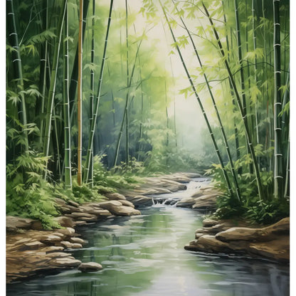 Bamboo Stream: A serene and calming shower curtain design featuring a tranquil bamboo grove with a gentle stream flowing through, lush green bamboo stalks, and a leafy canopy, capturing the soothing essence of nature.