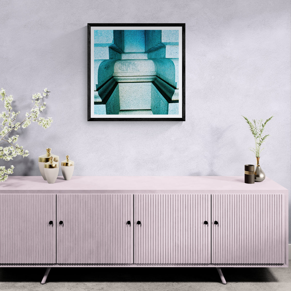 Beaux Parts blue-toned architectural detail photography art print displayed as 30 × 30 wall art in a black frame above a modern cabinet.