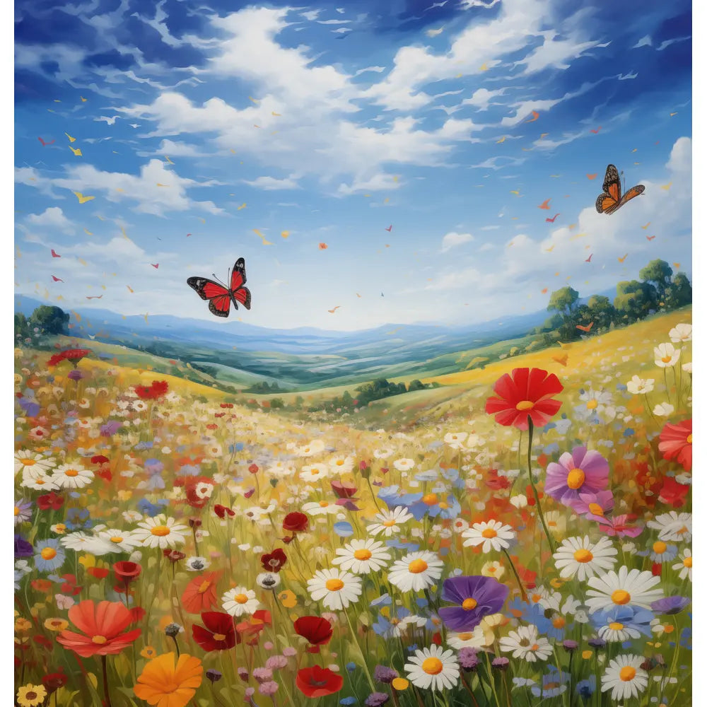 Blossom Meadow: A cheerful shower curtain design featuring a vibrant meadow filled with colorful flowers and dancing butterflies under a clear blue sky.