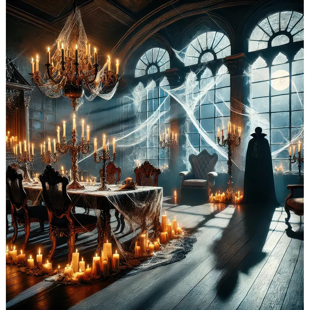 A gothic dining room bathed in the glow of numerous candles, with cobweb-draped chandeliers and windows, a silhouetted figure standing by a grand table set with candelabras, evoking a mysterious, eerie banquet scene under a moonlit night.