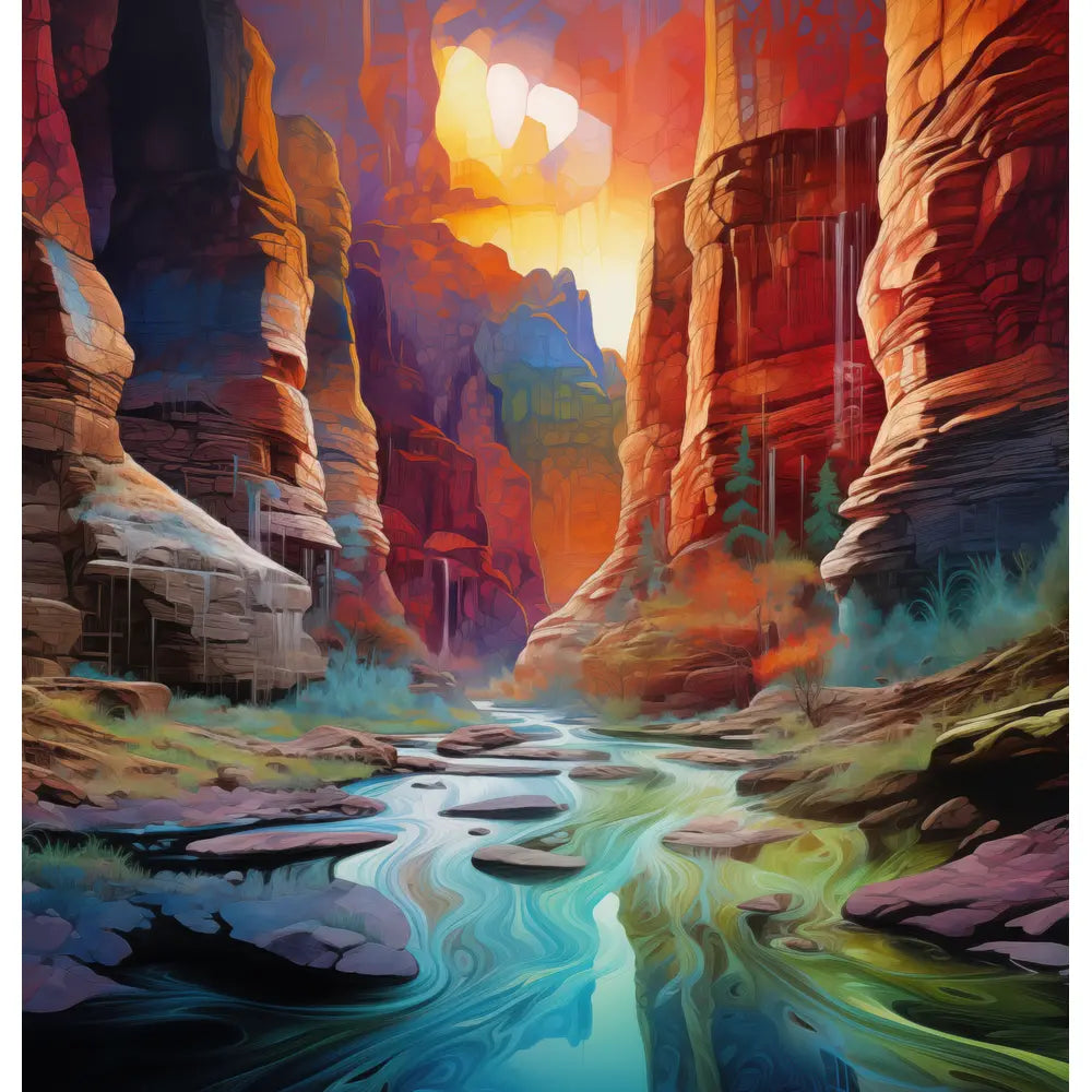 Canyon Mirage: A stunning shower curtain design featuring a surreal canyon with towering red and orange rock formations and a cool, flowing river, bathed in the warm light of sunset.