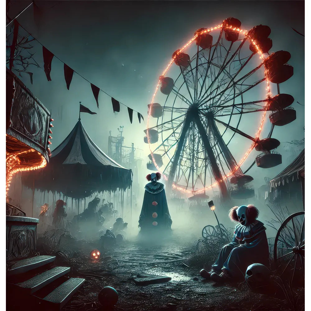 A haunting carnival scene with a dilapidated Ferris wheel glowing dimly in the fog, a sinister clown seated beside a child, and eerie figures lurking among abandoned carnival booths under a grey, ominous sky.