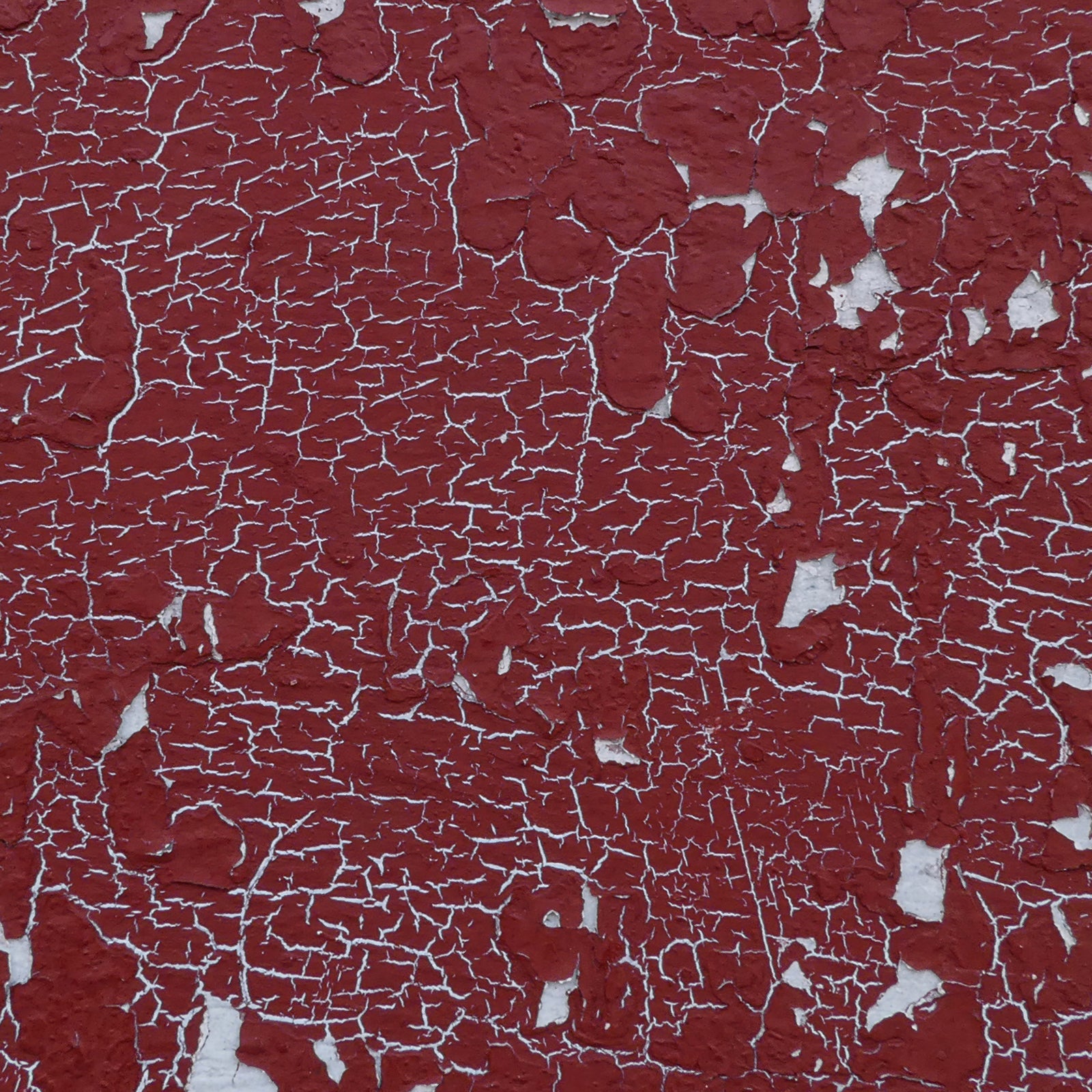 Close-up photograph of cracked deep red paint revealing white beneath in an abstract weathered wall composition.