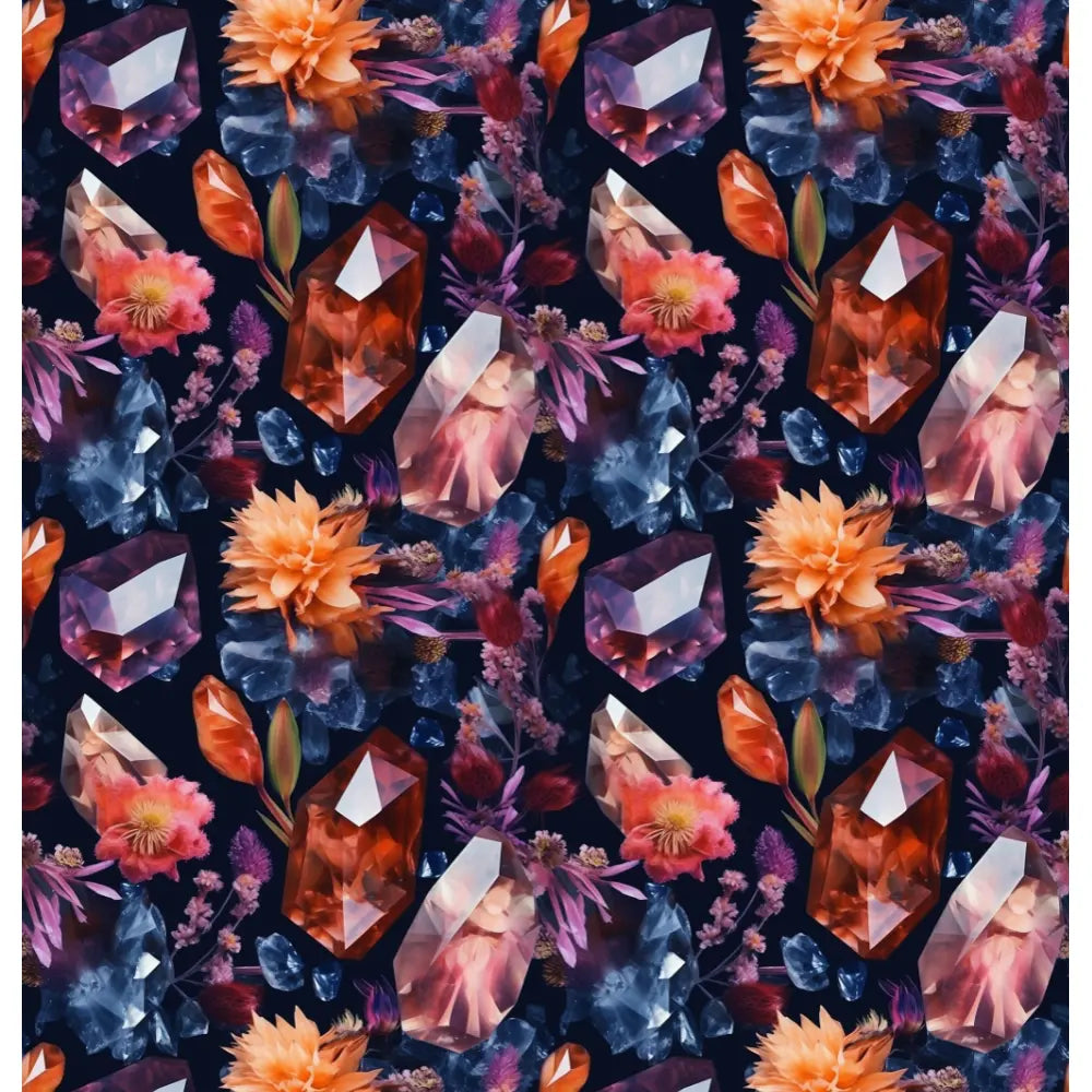 "Crystal Blooms: A mesmerizing and intricate shower curtain design featuring vibrant flowers in shades of orange, pink, and red, interspersed with sparkling crystals in hues of purple, blue, and clear, set against a dark background."