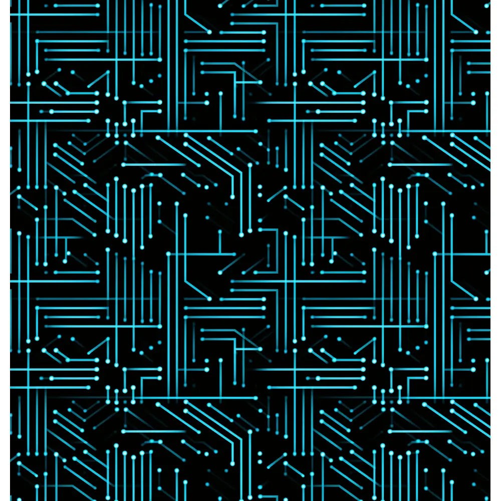 "Cyber Circuit: A modern shower curtain featuring an electric blue circuitry design on a black background, creating a futuristic and high-tech aesthetic."