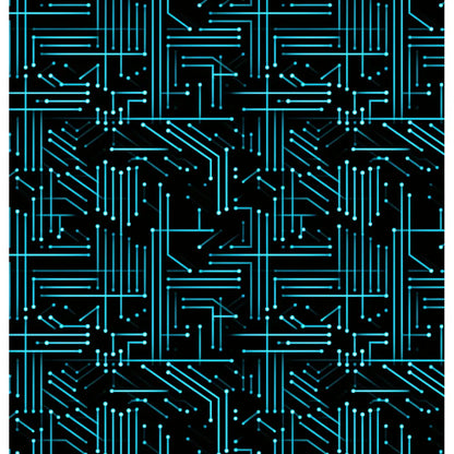 "Cyber Circuit: A modern shower curtain featuring an electric blue circuitry design on a black background, creating a futuristic and high-tech aesthetic."