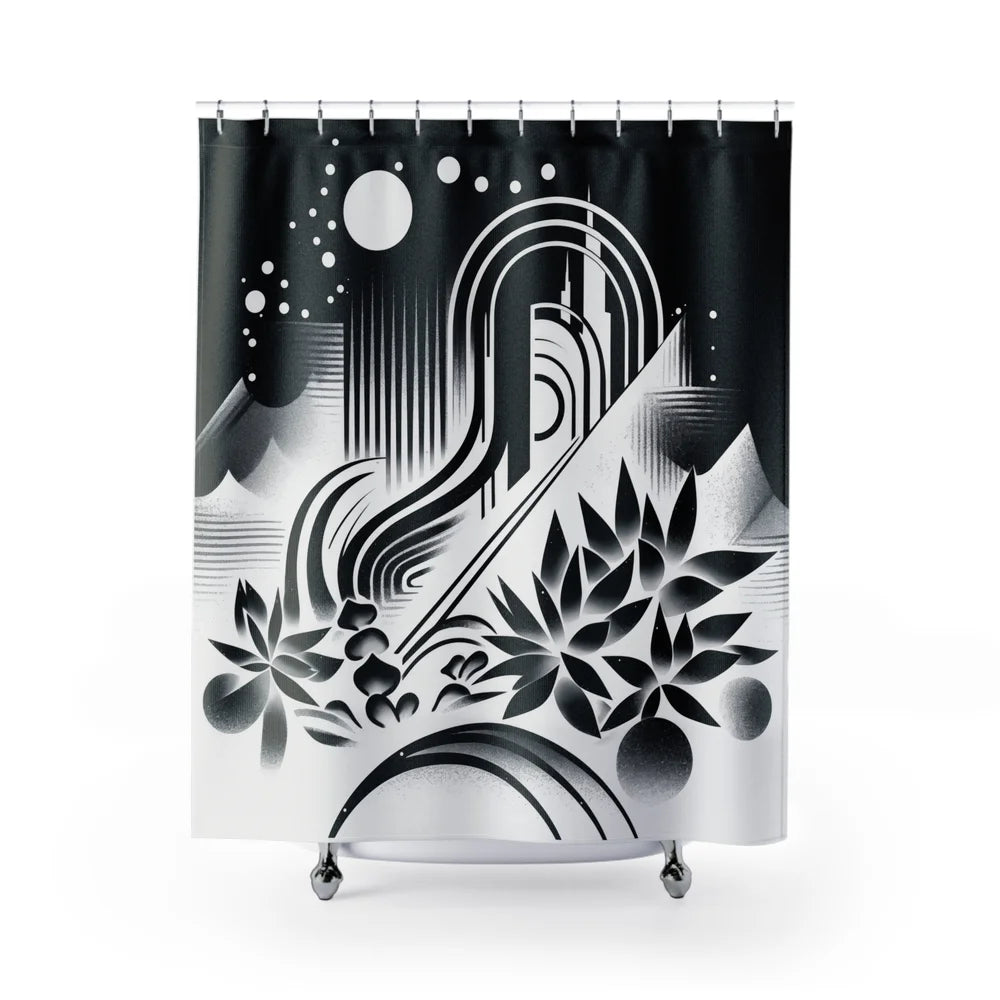 Celestial Flora: A striking and visually captivating shower curtain design featuring a harmonious blend of black, white, and grayscale elements, with an intricate depiction of floral patterns intertwined with celestial and geometric elements creating a mesmerizing effect.