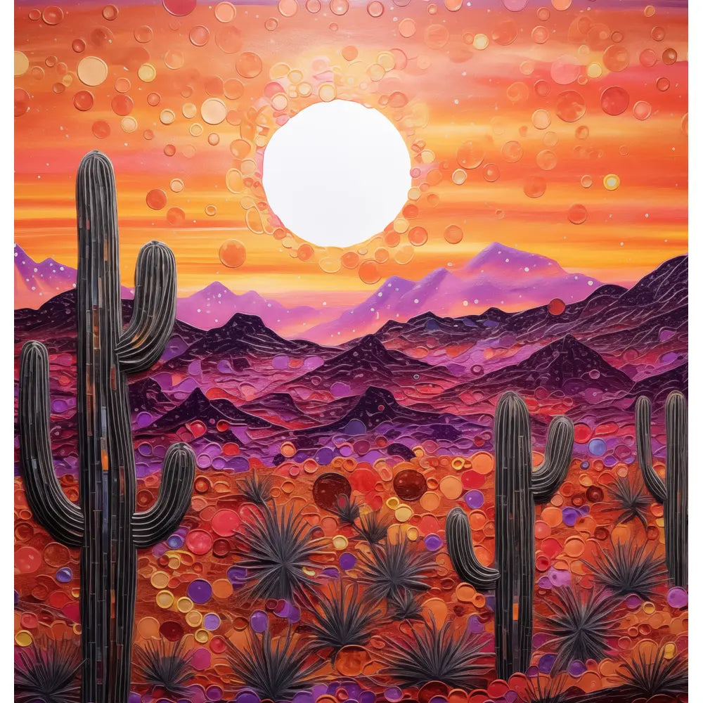 Desert Radiance: A stunning shower curtain design featuring a desert sunset with majestic cacti set against a mountain backdrop, bathed in vibrant hues of orange, pink, and purple.