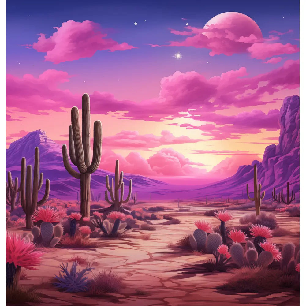 Desert Sunset: A captivating shower curtain design featuring a desert landscape with tall cacti and blooming desert flora under a vibrant purple and pink sky, set against majestic mountains and a setting sun.