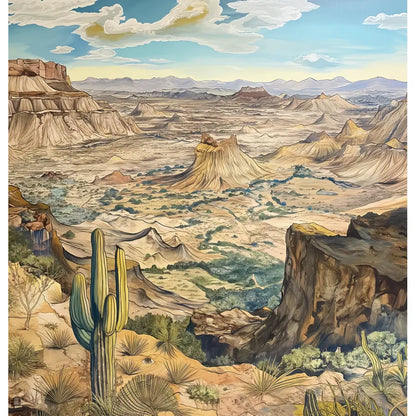 Desert Vista: An exquisite shower curtain design featuring a panoramic view of the desert with rugged terrain, majestic rock formations, and towering cacti under a clear blue sky, creating a stunning and tranquil visual experience.