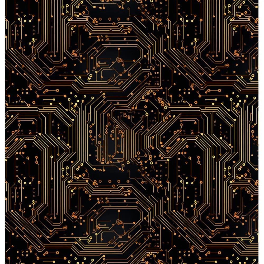 Digital Gold: A sophisticated shower curtain design featuring intricate golden circuit board lines against a sleek black background, creating a modern and luxurious high-tech look.