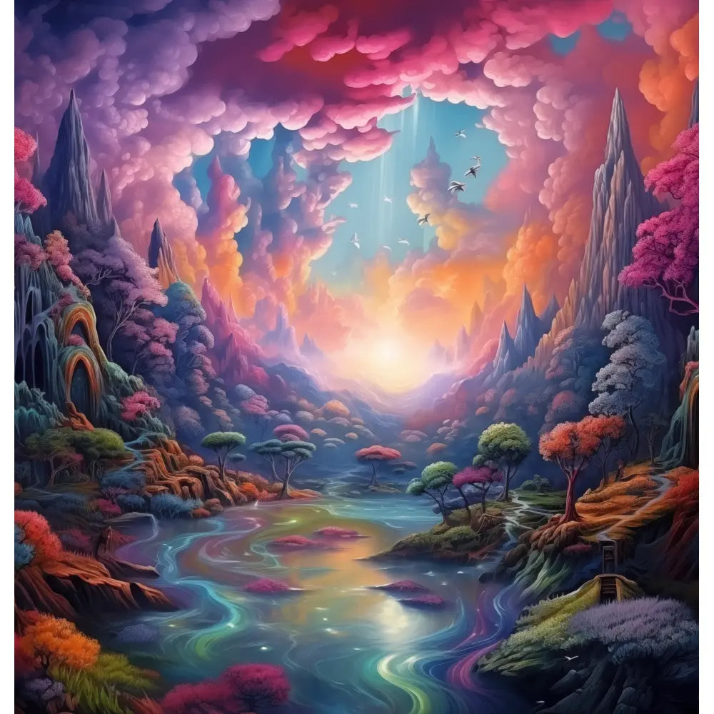 Dreamscape Valley: An enchanting and surreal shower curtain design featuring a mystical valley surrounded by towering mountains, a meandering river reflecting vibrant sky hues, and bright-colored trees and swirling clouds.