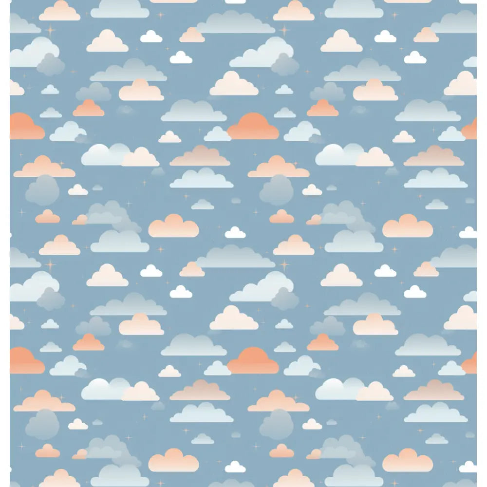 "Dreamy Clouds: A serene and whimsical shower curtain design featuring soft pastel-colored clouds in shades of white, peach, and gray floating against a tranquil blue sky, creating a soothing and dreamy atmosphere."