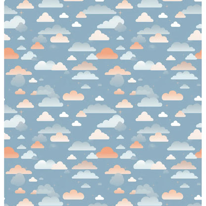 "Dreamy Clouds: A serene and whimsical shower curtain design featuring soft pastel-colored clouds in shades of white, peach, and gray floating against a tranquil blue sky, creating a soothing and dreamy atmosphere."