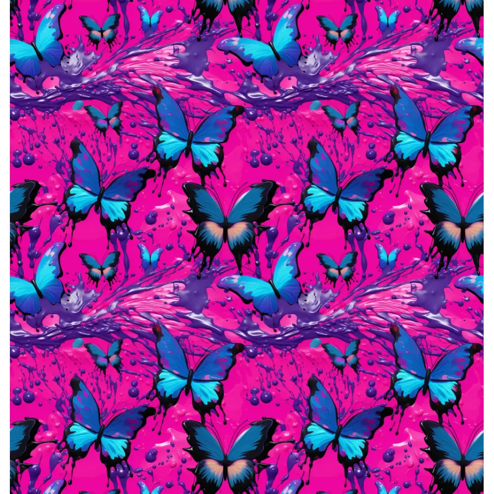 Electric Flight: A striking and vibrant shower curtain design featuring electric blue butterflies amidst a dynamic background of magenta and purple splashes, creating an energetic and mesmerizing visual effect.