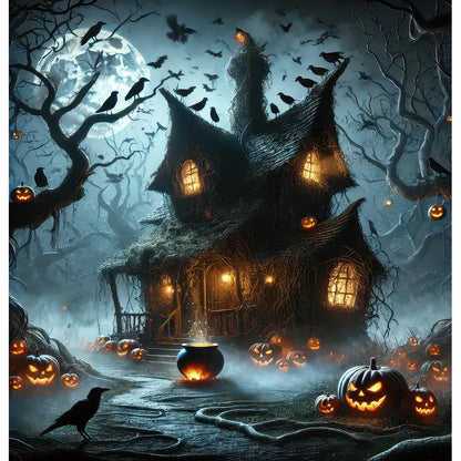 A spellbinding Halloween scene featuring an old, twisted witch's cottage under a full moon, surrounded by glowing jack-o'-lanterns, eerie mist, and a cauldron brewing on the path, with crows and bats filling the moonlit sky.