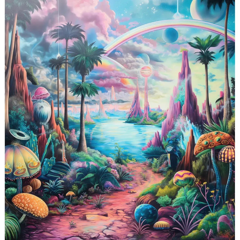 Fantasy Oasis: A mesmerizing shower curtain design featuring a magical landscape with vibrant colors, towering palm trees, whimsical mushrooms, surreal mountains, and a dreamy sky filled with planets and rainbows.