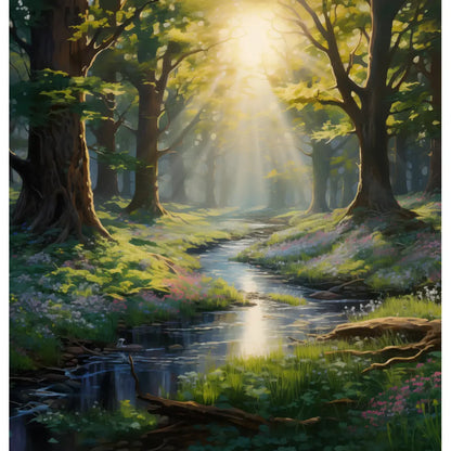 Forest Stream: A tranquil shower curtain design featuring a sunlit forest clearing with a gentle stream, vibrant wildflowers, and rays of sunlight filtering through the canopy.