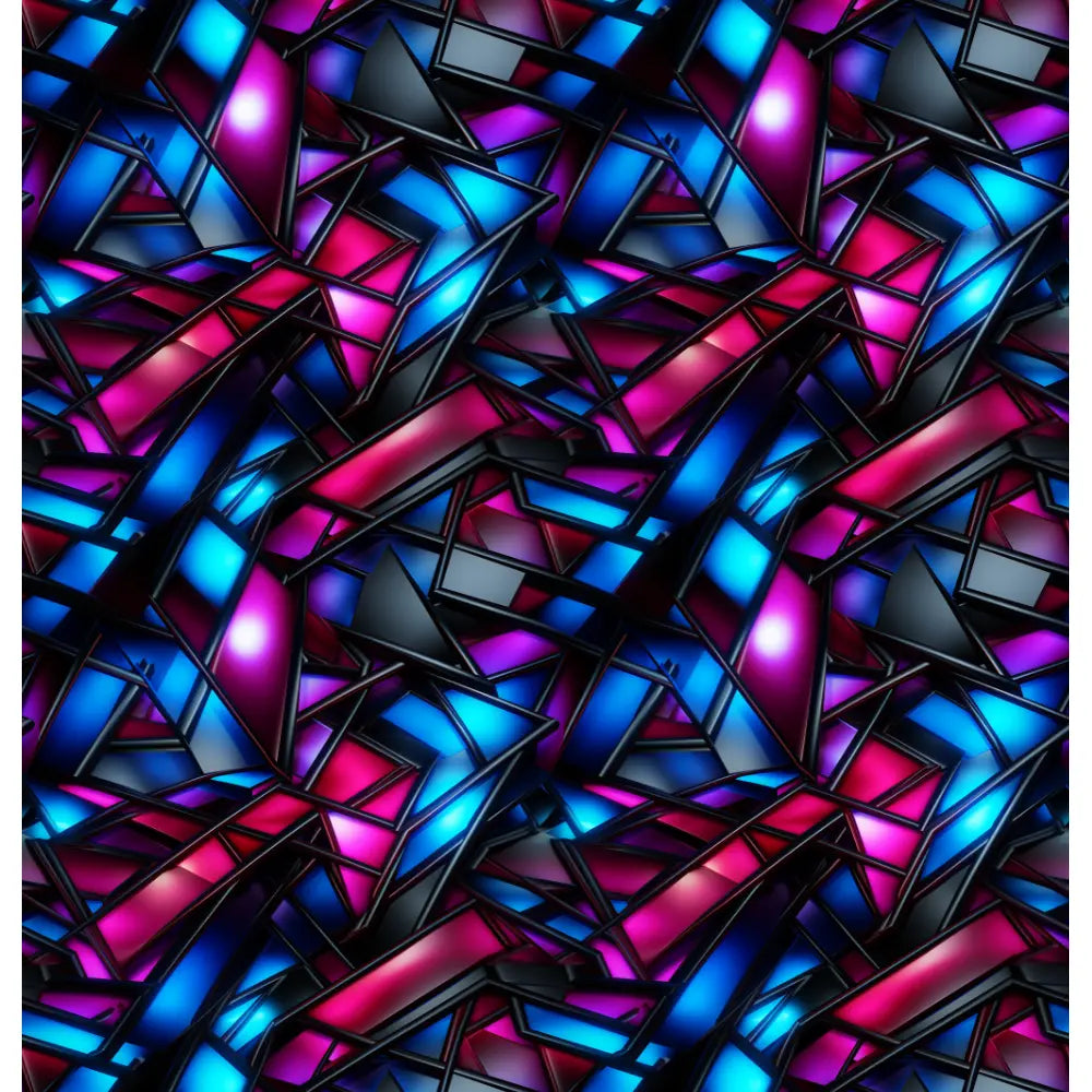 Geometric Glow: A vibrant and modern shower curtain design featuring neon colors and geometric shapes, creating a dynamic and eye-catching visual effect with bright hues of blue and pink against a dark background.