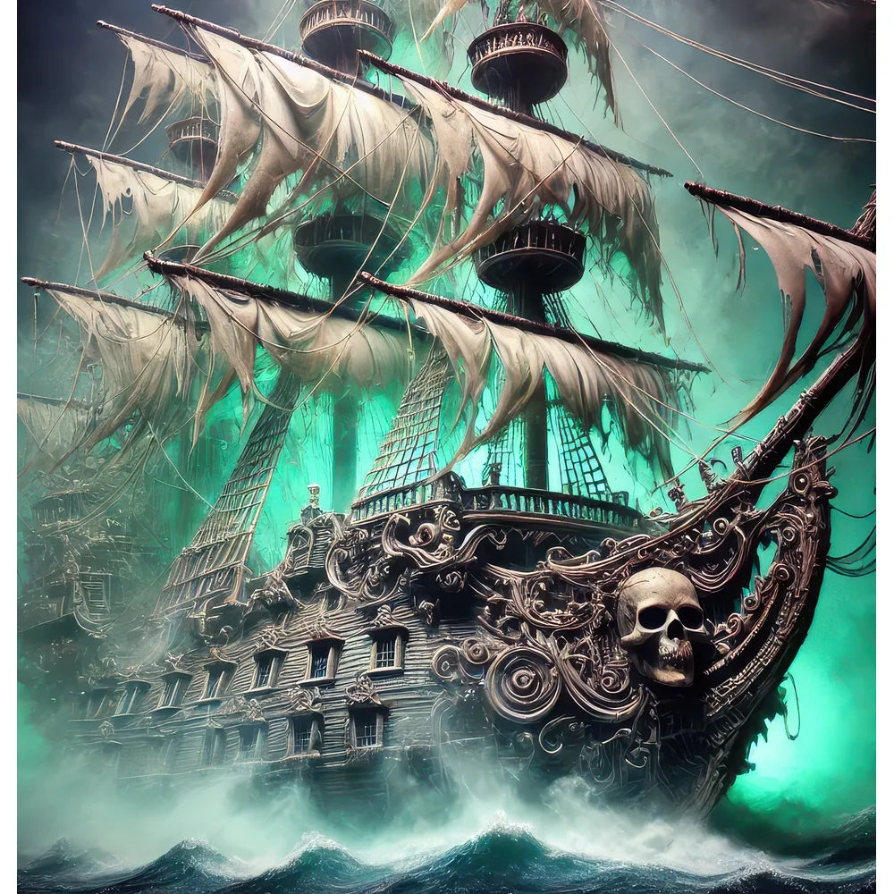 A spectral pirate ship with ornate carvings and tattered sails, glowing eerily in green light amidst turbulent sea waves, evoking a haunted maritime adventure.