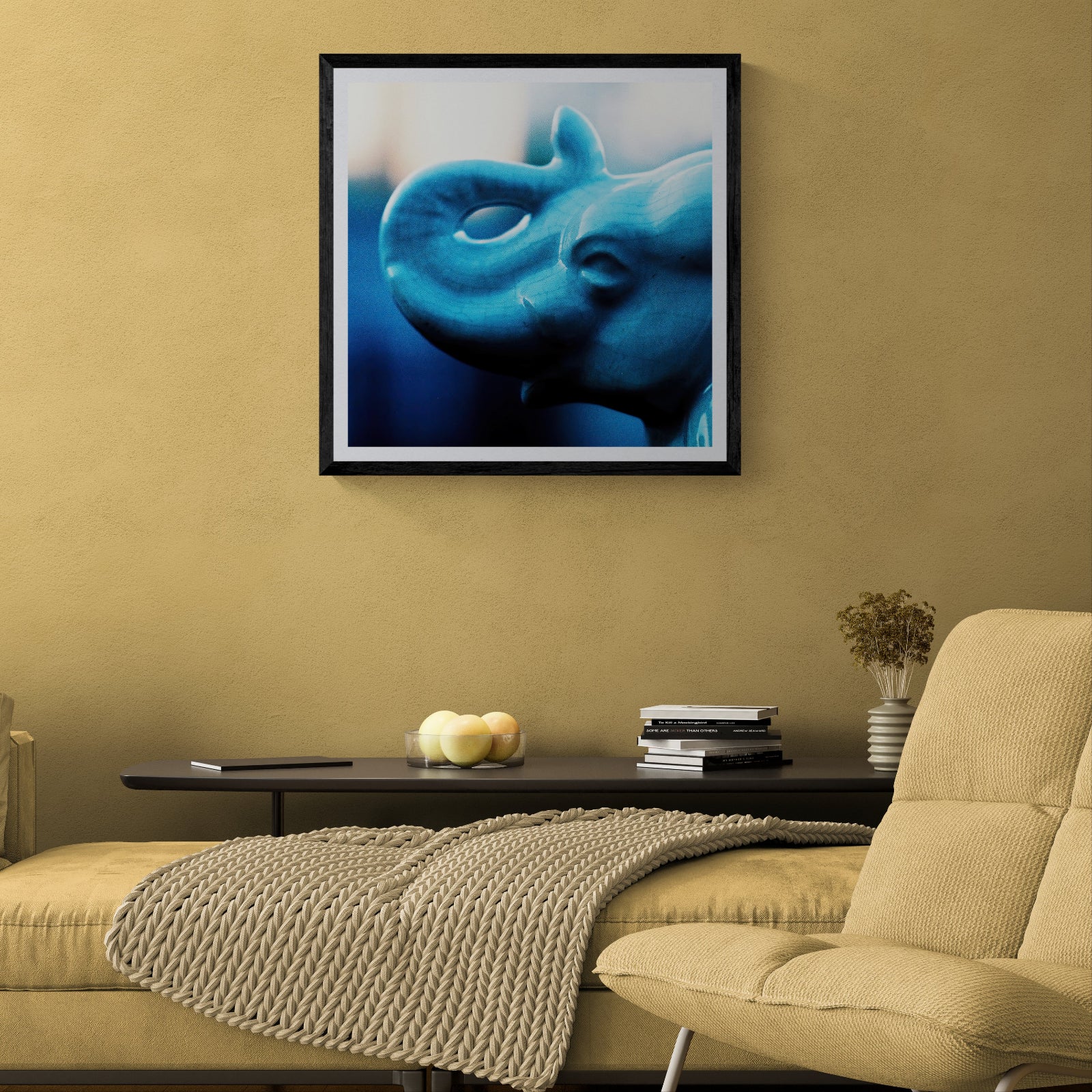 Glazed Memory blue ceramic animal sculpture photography art print displayed as 30 × 30 wall art in a black frame in a warm neutral living room.