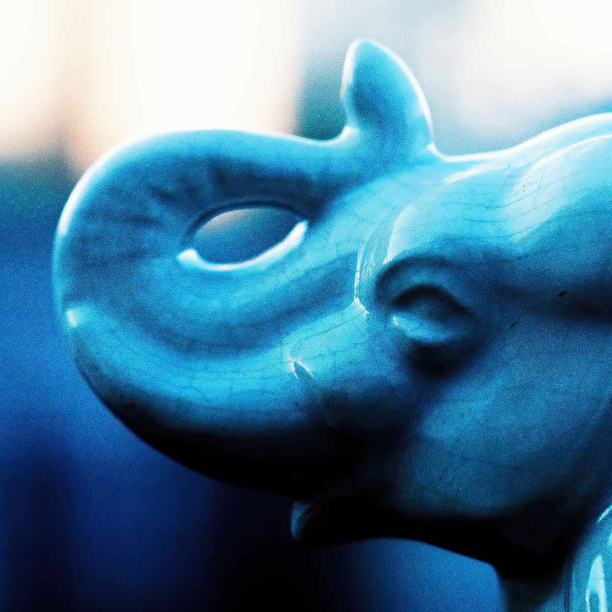 Glazed Memory blue-toned film photograph featuring a close-up of a ceramic animal figure with soft focus, deep shadows and luminous highlights.