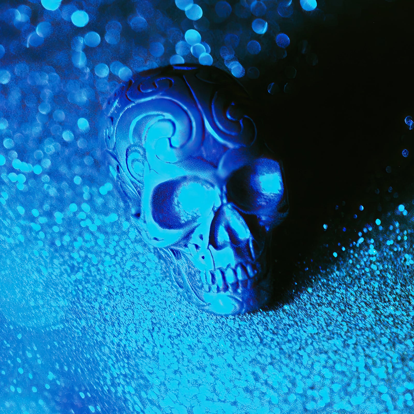 Glitter Remains blue-lit ornamental skull photography art print surrounded by shimmering texture, scattered light and deep black shadow.