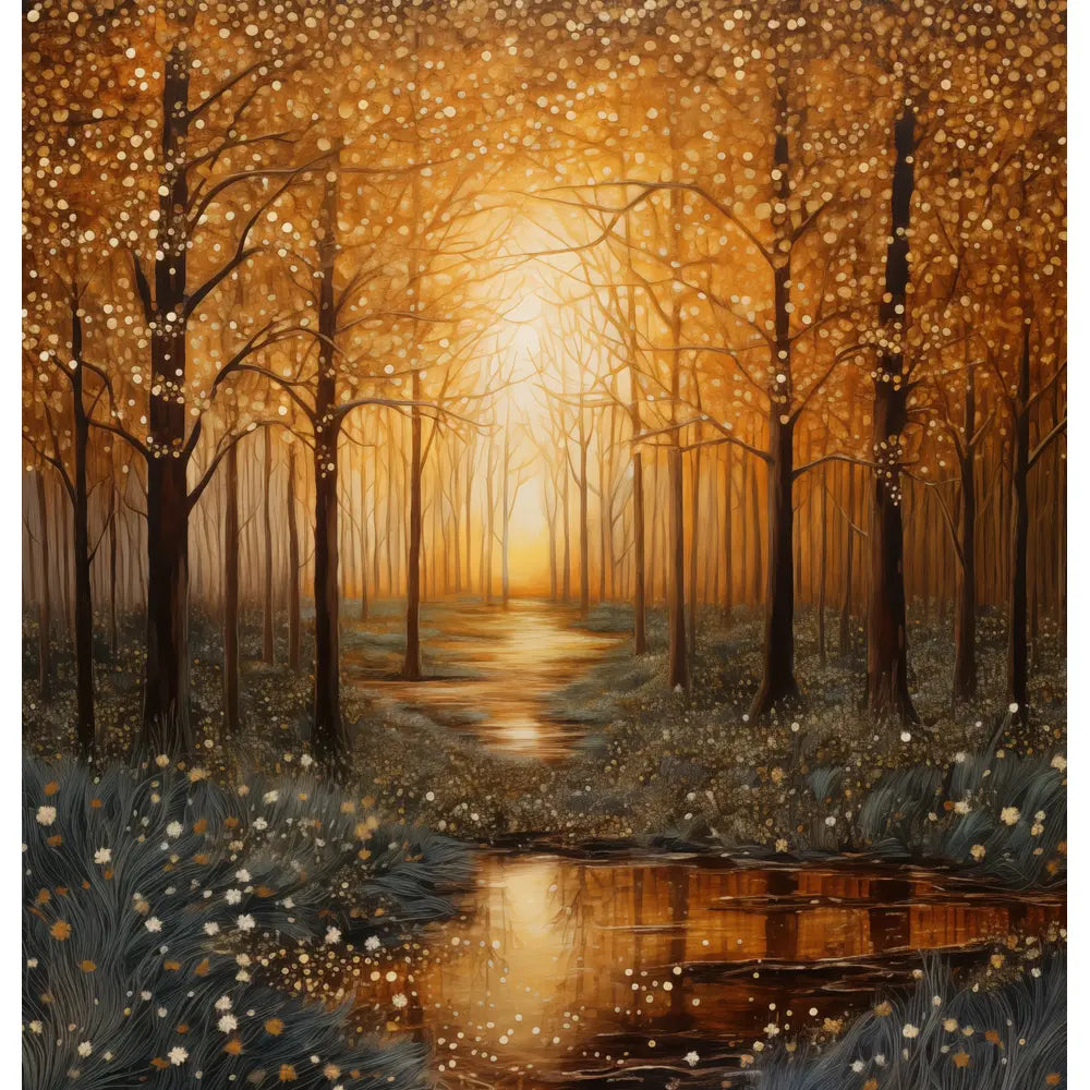 Golden Forest: A captivating shower curtain design featuring a forest bathed in golden light, with tall trees, shimmering leaves, and a serene stream reflecting the warm sunlight.