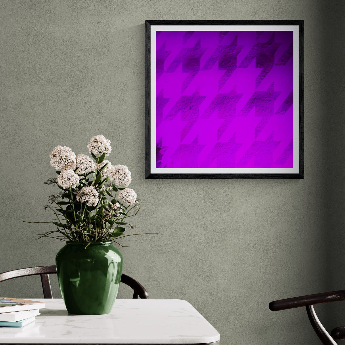 Grow Light magenta houndstooth art print displayed as 30 × 30 wall art in a black frame on a sage green dining room wall.