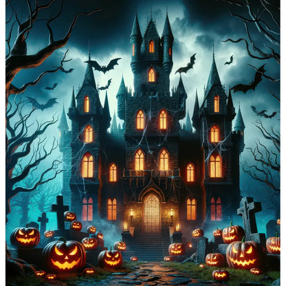 A spooky scene with a grand, gothic castle set against a night sky, surrounded by gnarled trees, glowing jack-o'-lanterns, and flying bats, creating an eerie Halloween atmosphere.