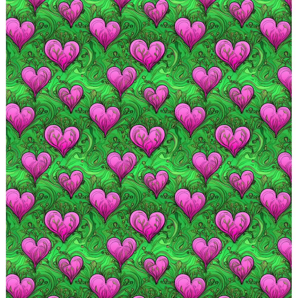 Heart Garden: A vibrant shower curtain design featuring whimsical pink hearts against a lush green background with intricate botanical elements, creating a playful and romantic ambiance.