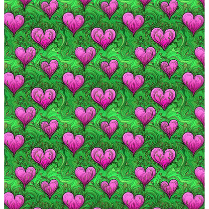 Heart Garden: A vibrant shower curtain design featuring whimsical pink hearts against a lush green background with intricate botanical elements, creating a playful and romantic ambiance.