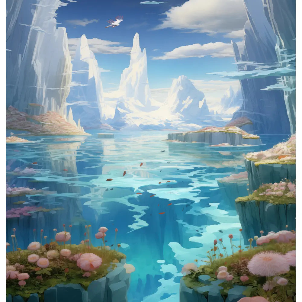 Iceberg Garden: A serene shower curtain design featuring floating icebergs adorned with delicate pink and white flowers, set against crystal-clear blue waters and majestic ice formations under a serene sky.