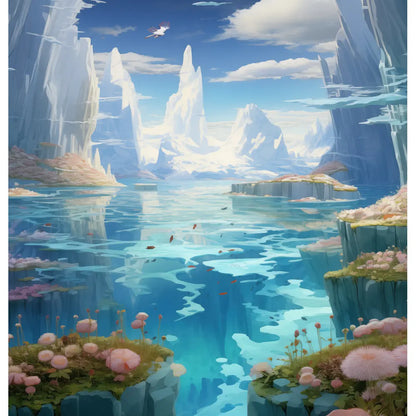 Iceberg Garden: A serene shower curtain design featuring floating icebergs adorned with delicate pink and white flowers, set against crystal-clear blue waters and majestic ice formations under a serene sky.