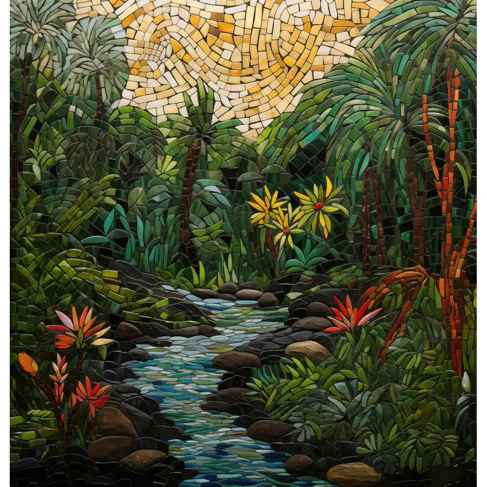 Jungle Mosaic: A stunning shower curtain design featuring a tropical jungle scene in mosaic style, with lush greenery, vibrant flowers, and a serene stream depicted with colorful tiles.