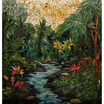 Jungle Mosaic: A stunning shower curtain design featuring a tropical jungle scene in mosaic style, with lush greenery, vibrant flowers, and a serene stream depicted with colorful tiles.