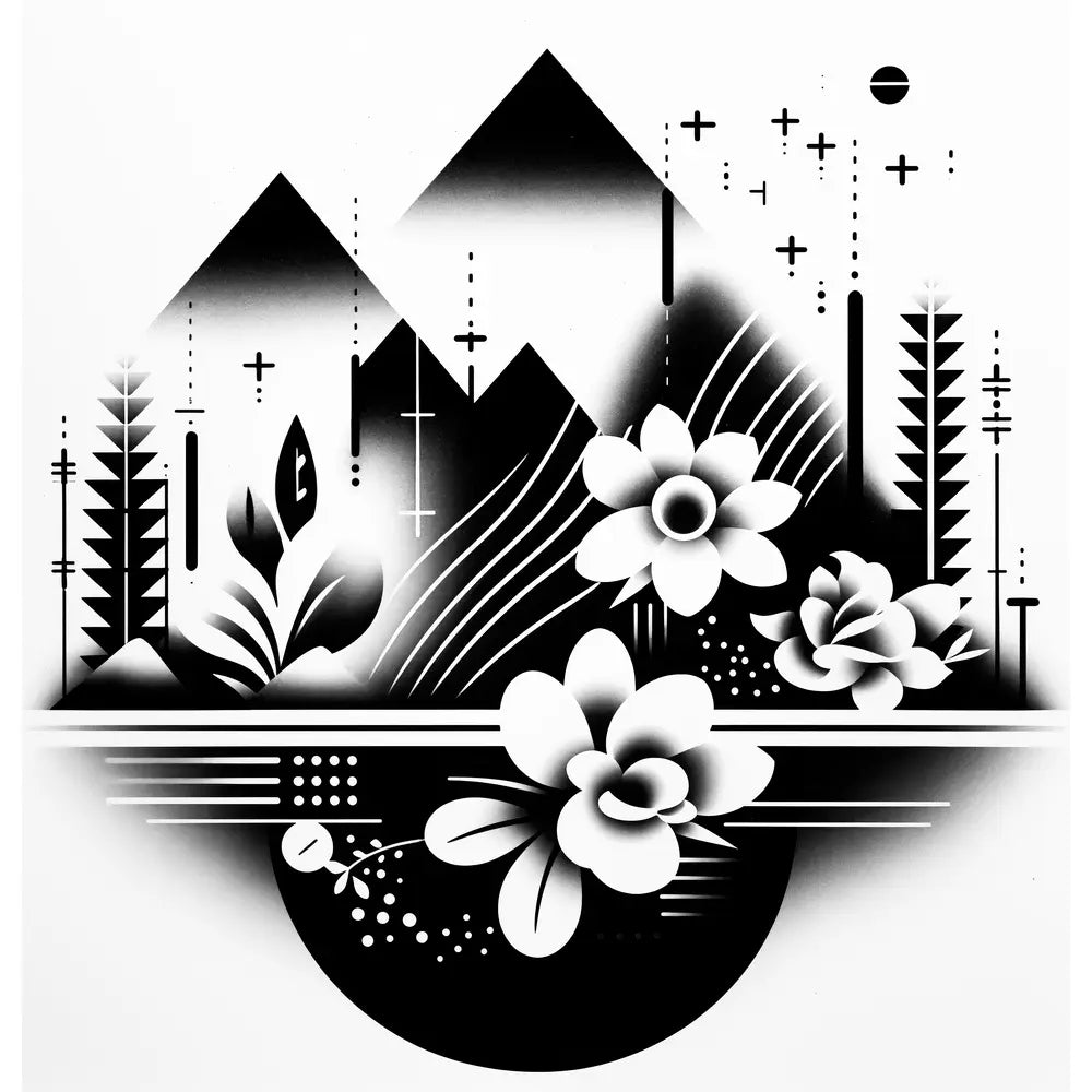 Alpine Bloom: A striking and visually captivating shower curtain design featuring a harmonious blend of black, white, and grayscale elements, with intricate floral patterns set against a backdrop of majestic mountains and starry skies creating a mesmerizing effect.