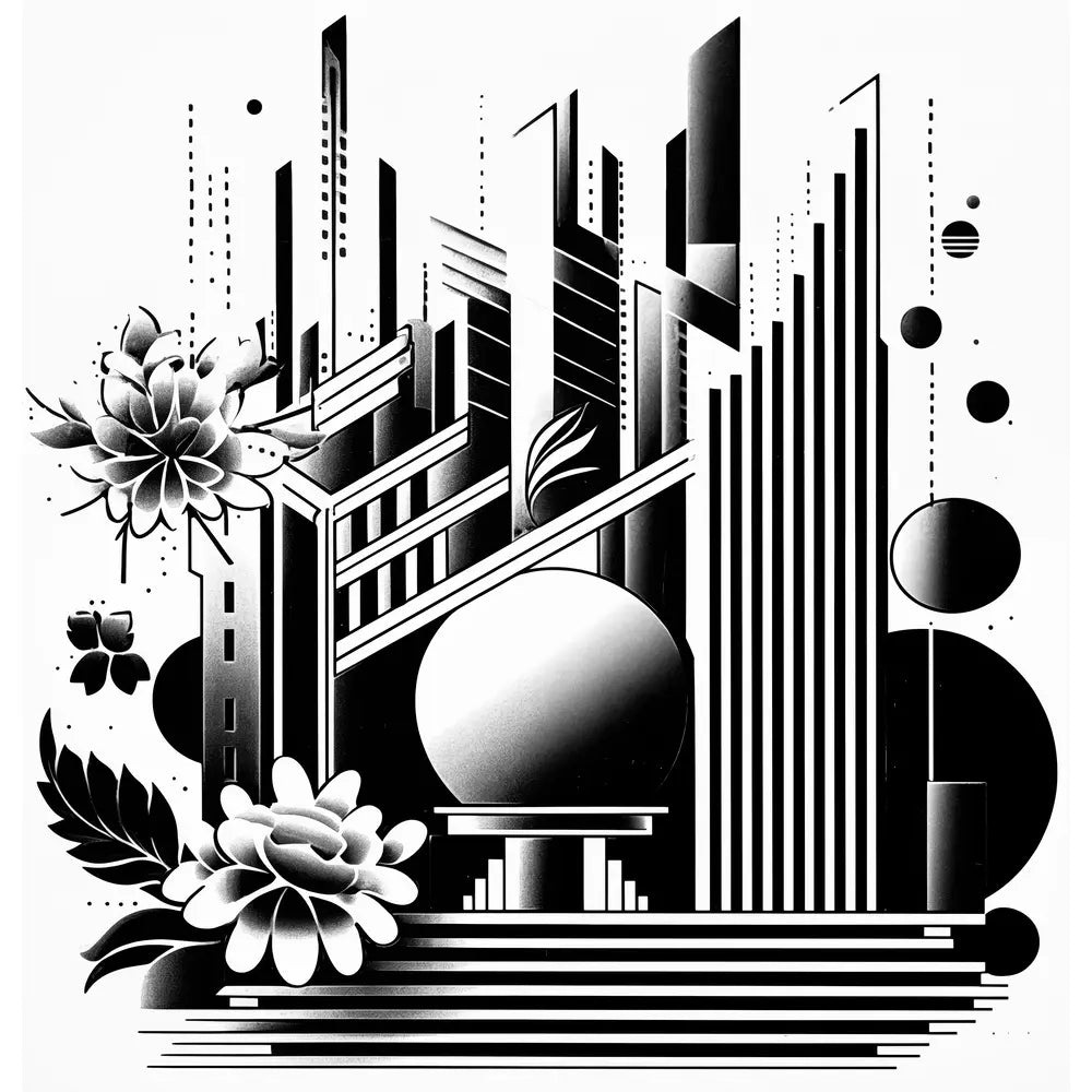 Orbital Haven: A striking and visually captivating shower curtain design featuring a harmonious blend of black, white, and grayscale elements, with an intricate depiction of futuristic skyscrapers and floral patterns intertwined with celestial shapes creating a mesmerizing effect.