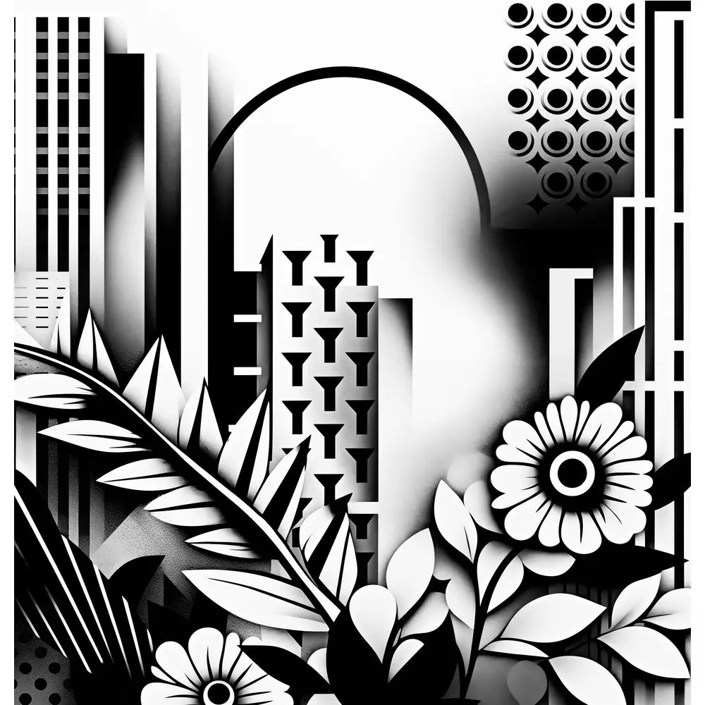 Verdant Vistas: A visually compelling shower curtain design that juxtaposes urban architecture with lush, organic floral elements in black, white, and grayscale, creating a dramatic interplay of sharp geometric lines and delicate natural motifs.