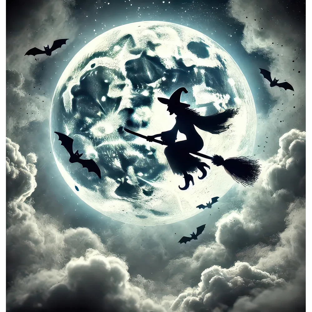 A mystical scene with a witch silhouetted against a massive full moon, surrounded by flying bats among billowing clouds, casting a spell as she rides her broomstick through the night sky.