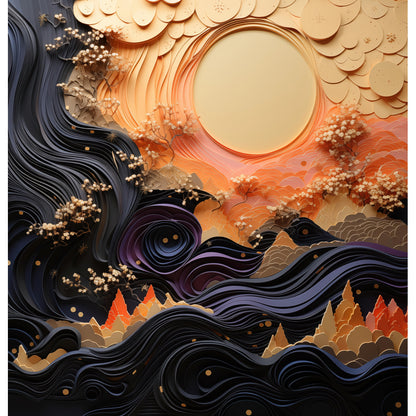 Lunar Waves: An exquisite shower curtain design featuring a golden moon rising over a landscape of waves and blossoms, with warm sunset hues and deep twilight tones.