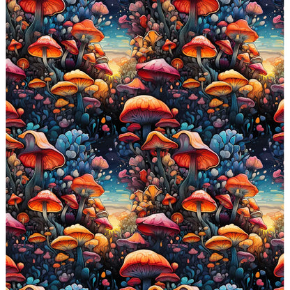 Magic Forest: A captivating and mystical shower curtain design featuring a dense forest of vibrant mushrooms in shades of orange, red, and pink, illuminated by a magical twilight against deep blue and green foliage, creating an enchanting and otherworldly atmosphere.