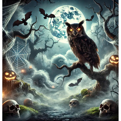 A chilling Halloween night scene with an intense owl perched on a gnarled tree, under a full moon, surrounded by mist, cobwebs, jack-o'-lanterns, flying bats, and scattered skulls on the ground, encapsulating a ghostly woodland atmosphere.