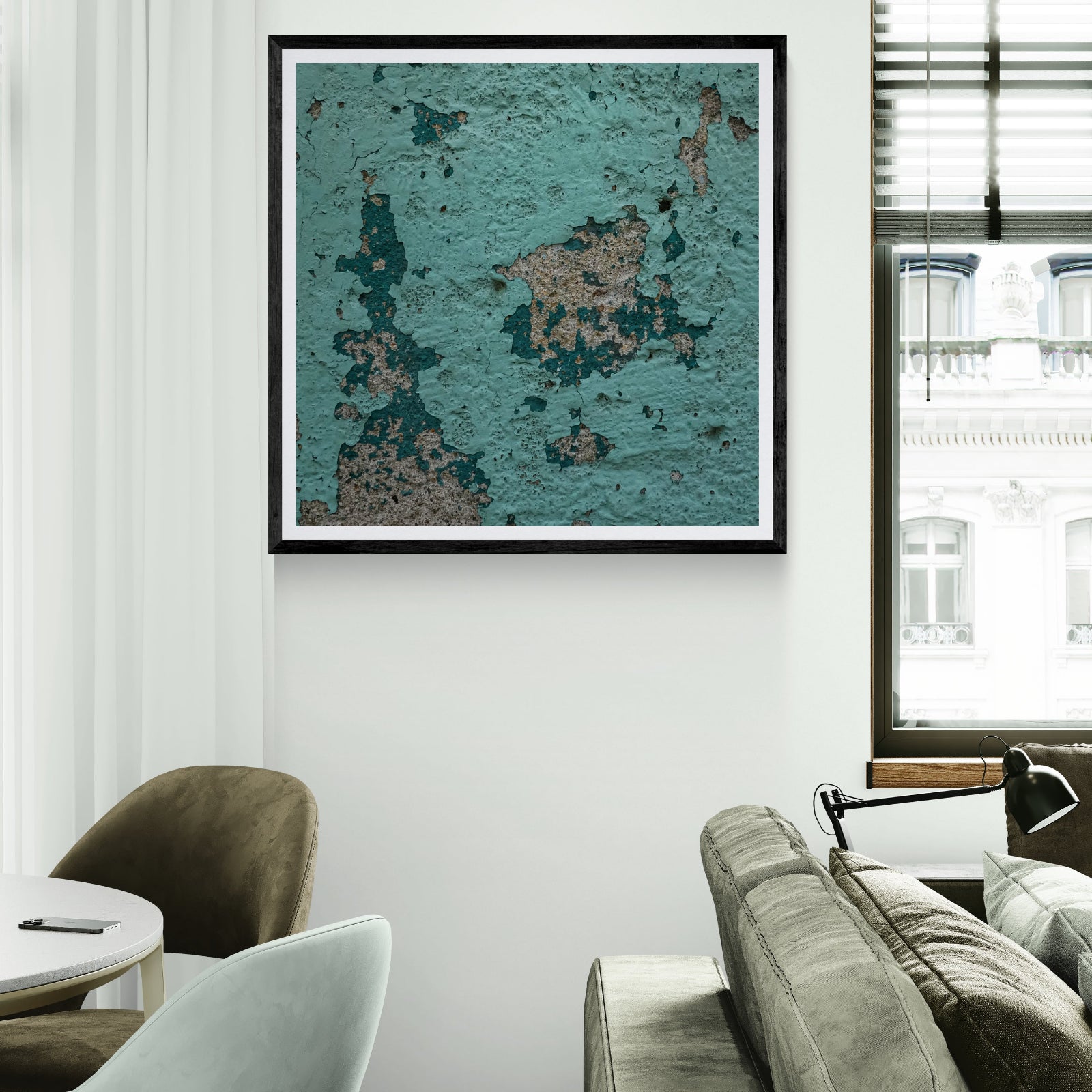 Mint Condition turquoise weathered texture art print displayed as 30 × 30 wall art in a black frame in a bright modern living room.