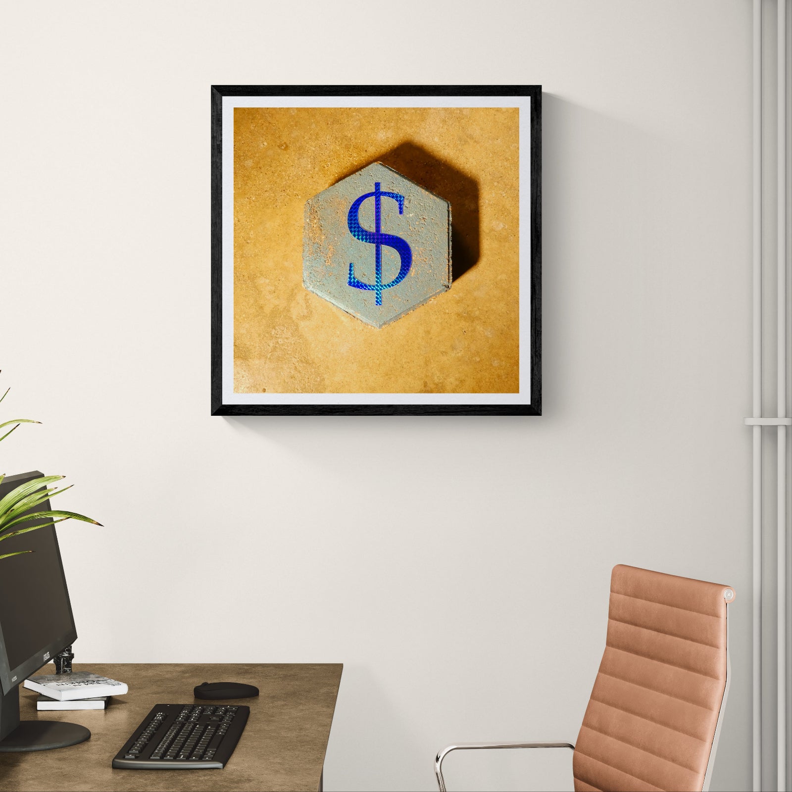 Money Hex blue dollar sign geometric photography art print displayed as 30 × 30 wall art in a black frame above a desk in a modern home office.